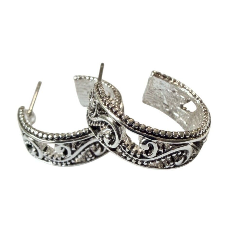 Y2K Silver Tone Textured Filagree Hoop Earring 3/4" Nickel‎ Free Hypoallergenic
